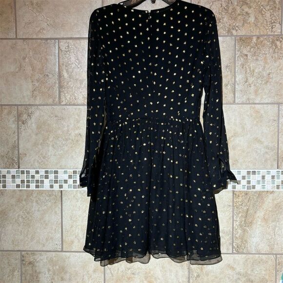 Rebecca Minkoff Silk Mini Dress Black Gold Dotsp 0 Party Cocktail Long Sleeve - Picture 2 of 4
